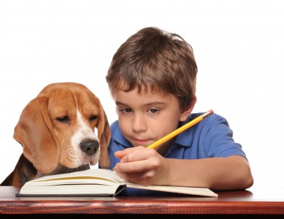 Kid doing homework with his dog